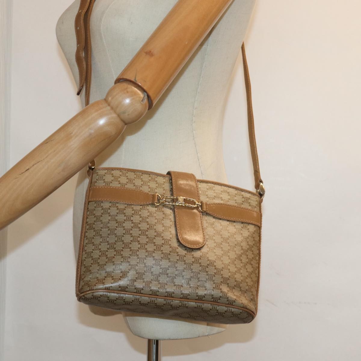 Celine Vintage Macadam Shoulder Bag Canvas and Leather, Beige, Canvas, Shoulder Bag
