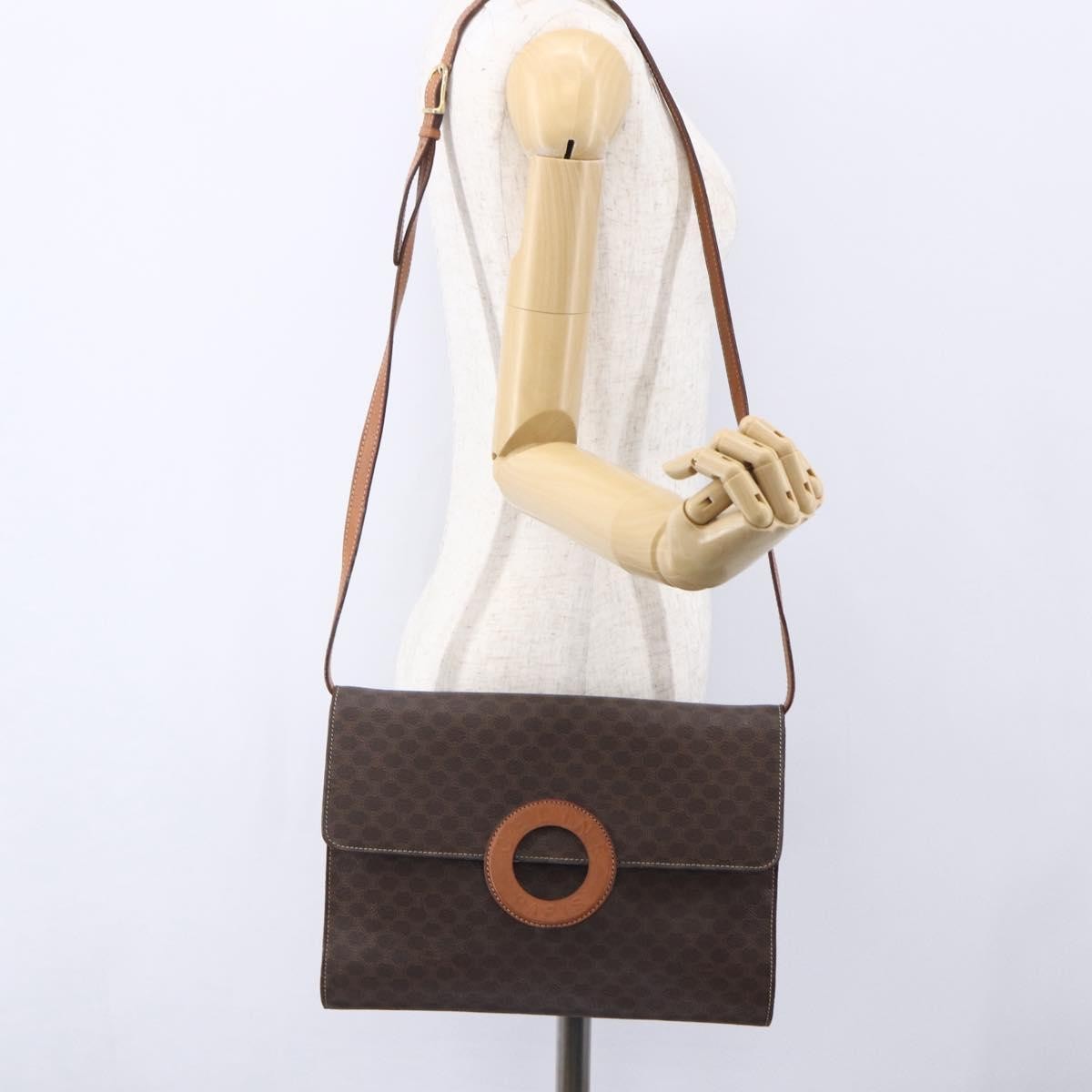 Celine Vintage Macadam Circle Logo Shoulder Bag Canvas and Leather, BROWN, CANVAS, Shoulder bag