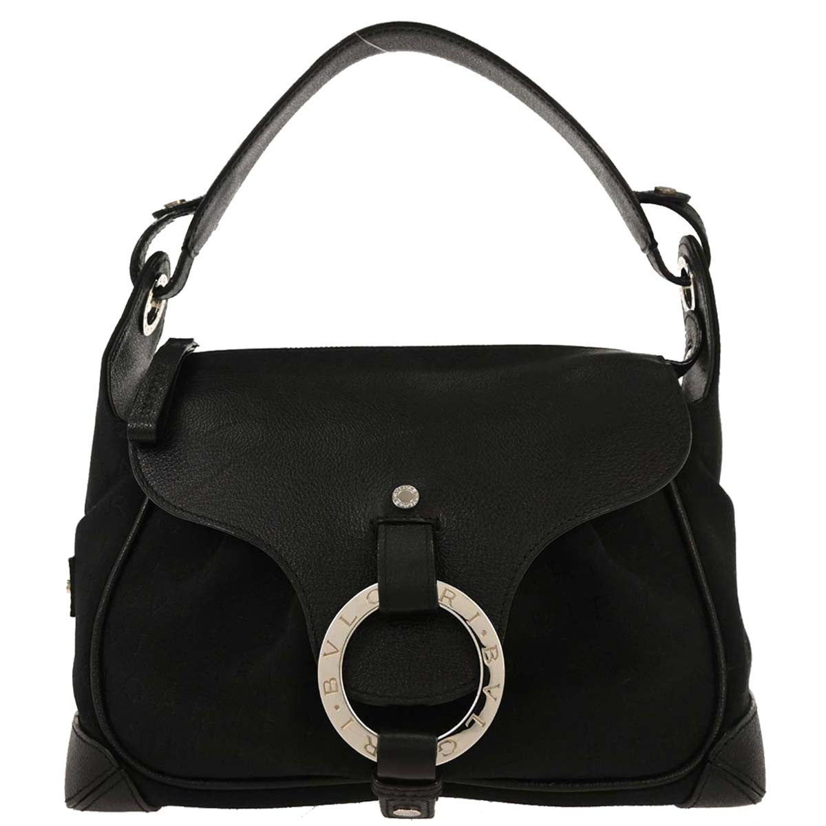 Bvlgari Logomania Shoulder Bag Canvas with Leather, BLACK, LEATHER, Shoulder bag