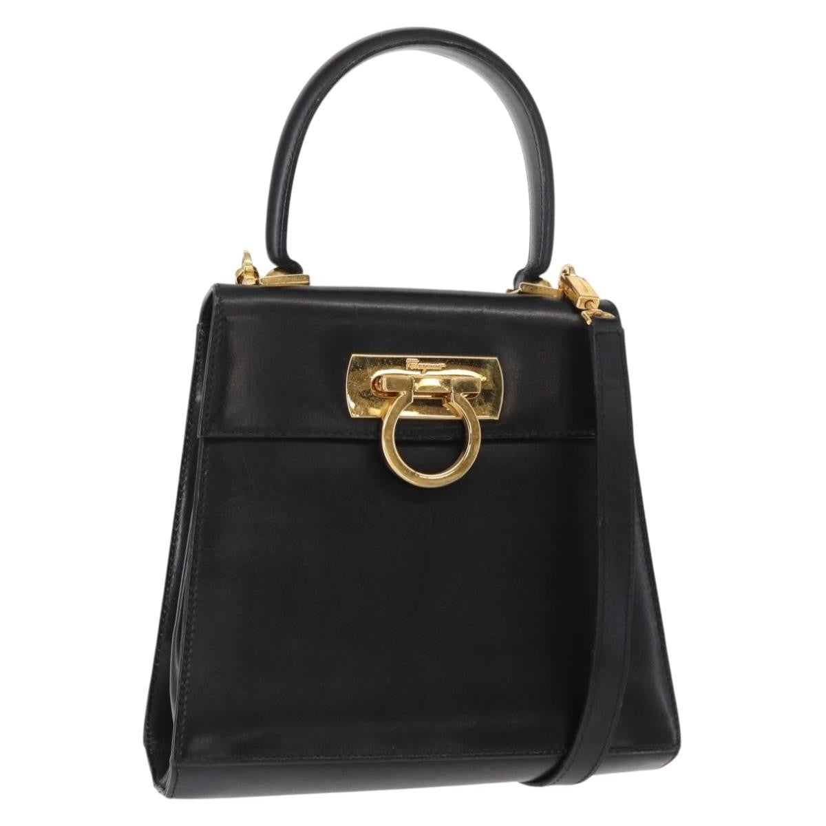 Salvatore Ferragamo Gancini Convertible Top Handle Bag Leather, BLACK, LEATHER, Handbag
