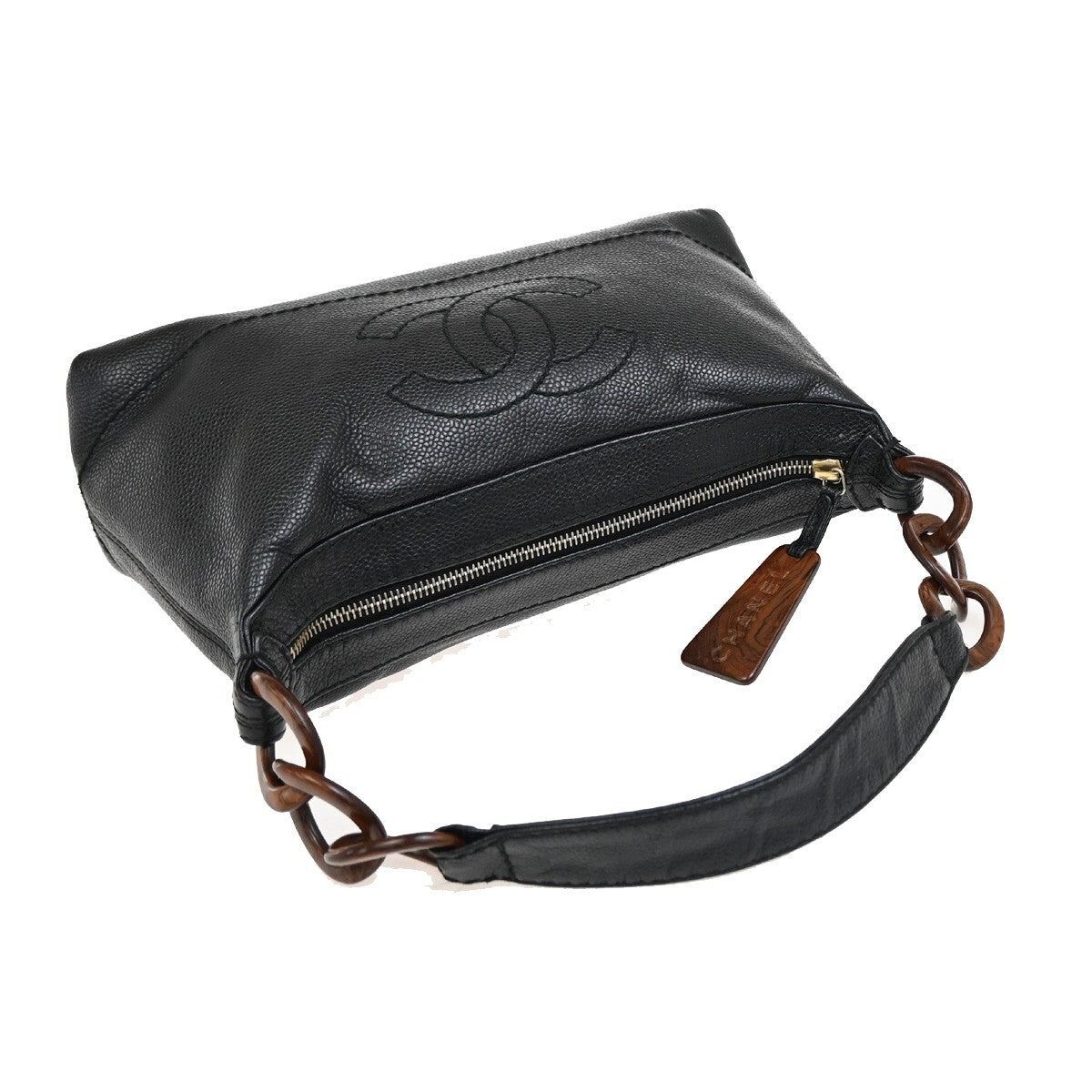 Chanel Vintage Wood Chain CC Shoulder Bag Caviar, BLACK, LEATHER, Shoulder bag