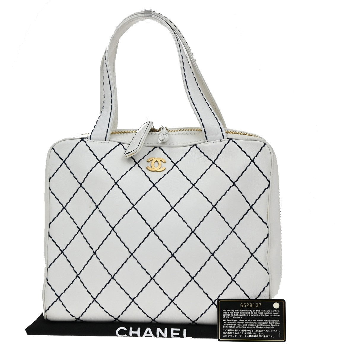 Chanel Surpique Zip Around Satchel Quilted Leather, WHITE, LEATHER, Handbag