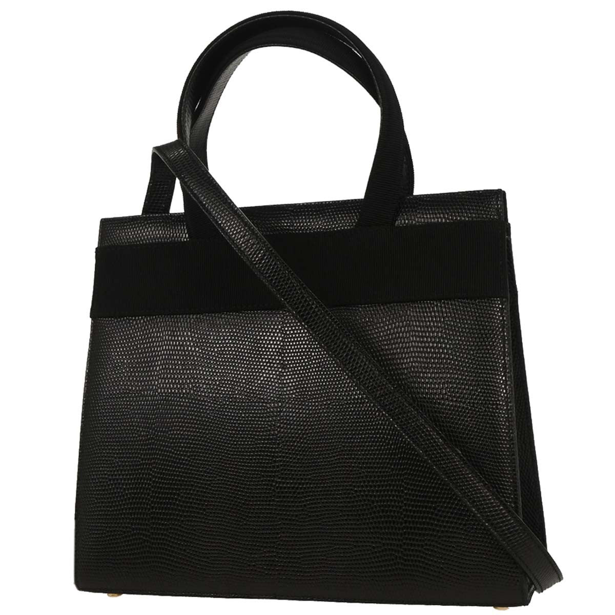 Salvatore Ferragamo Convertible Vara Bow Tote Lizard Embossed Leather, BLACK, LEATHER, Handbag