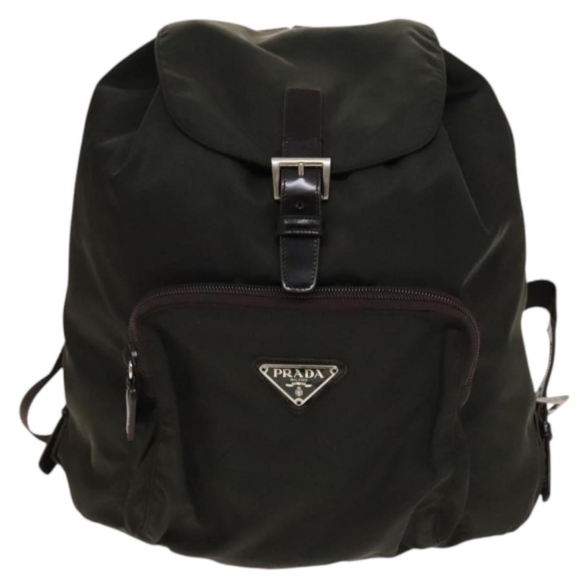 Prada Front Pocket Buckle Backpack Nylon, Khaki, Nylon, Backpack