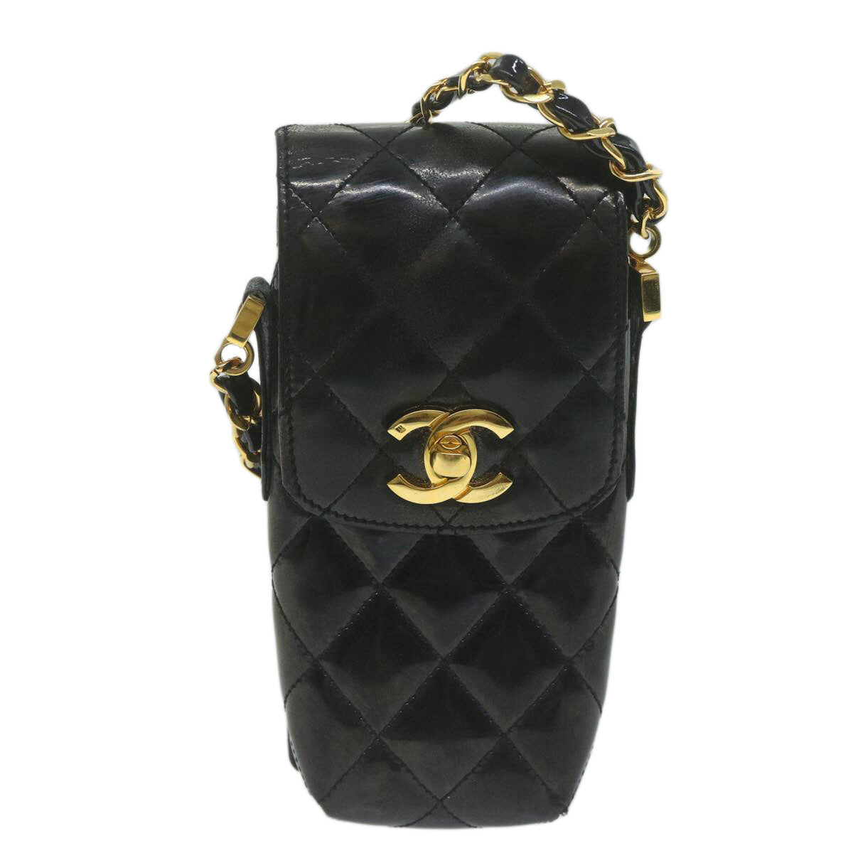 Chanel Vintage CC Flap Phone Holder Crossbody Bag Quilted Patent, BLACK, PATENT_LEATHER, Crossbody bag