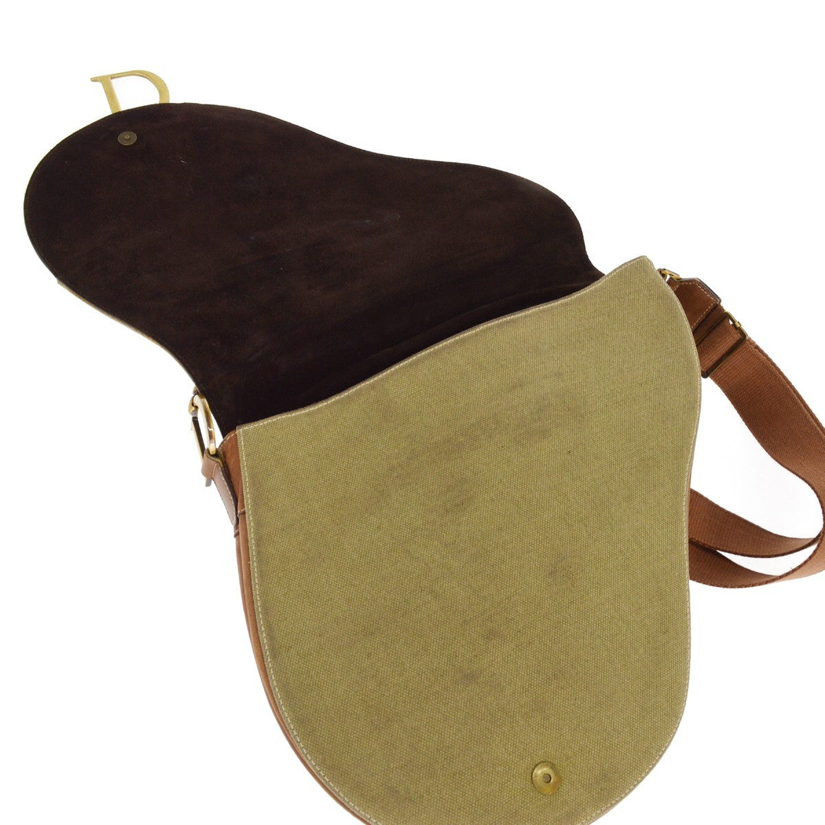 Christian Dior Vintage Saddle Messenger Bag Canvas and Leather, KHAKI, CANVAS, Shoulder bag