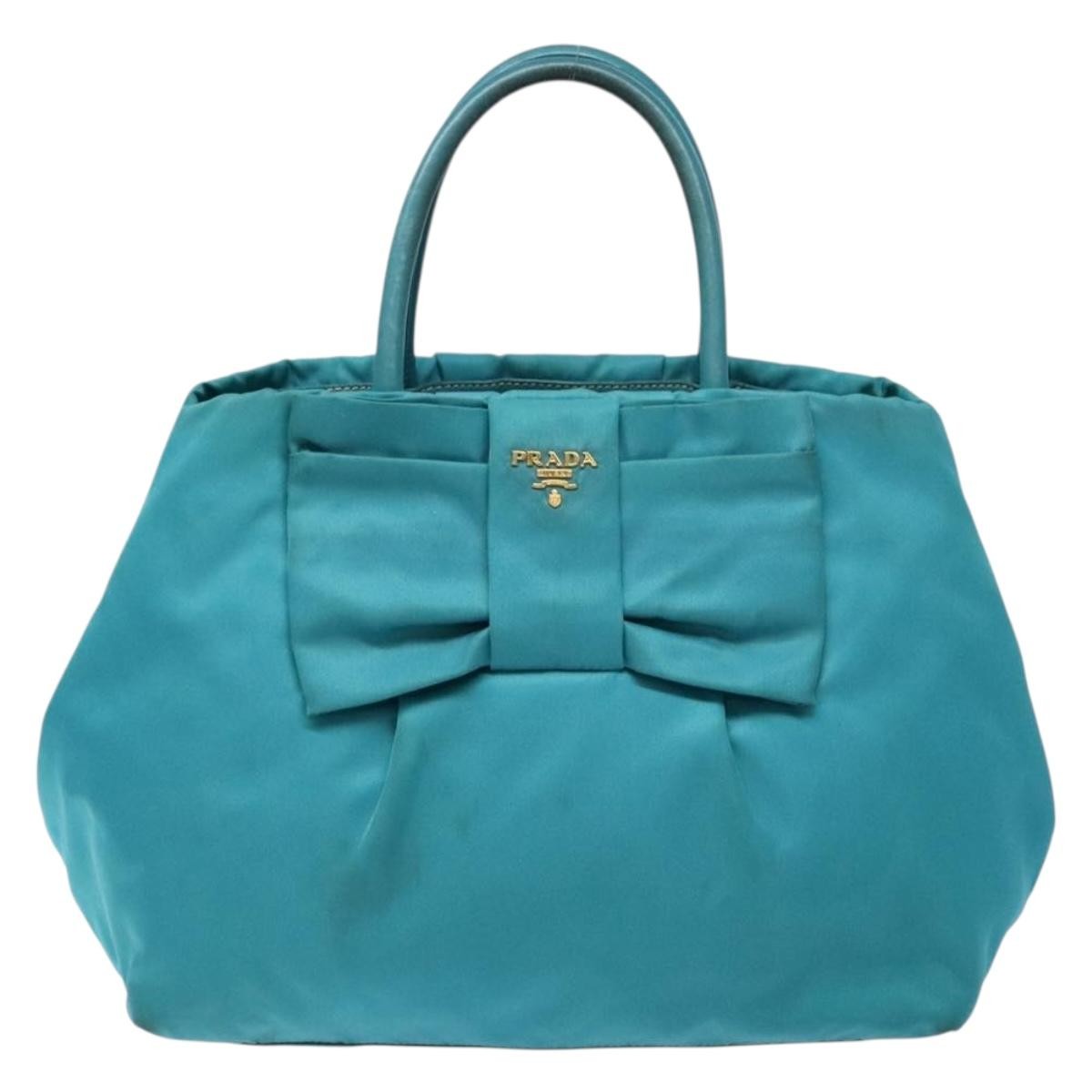 Prada Logo Bow Tote Tessuto with Leather, TURQUOISE, NYLON, Tote bag