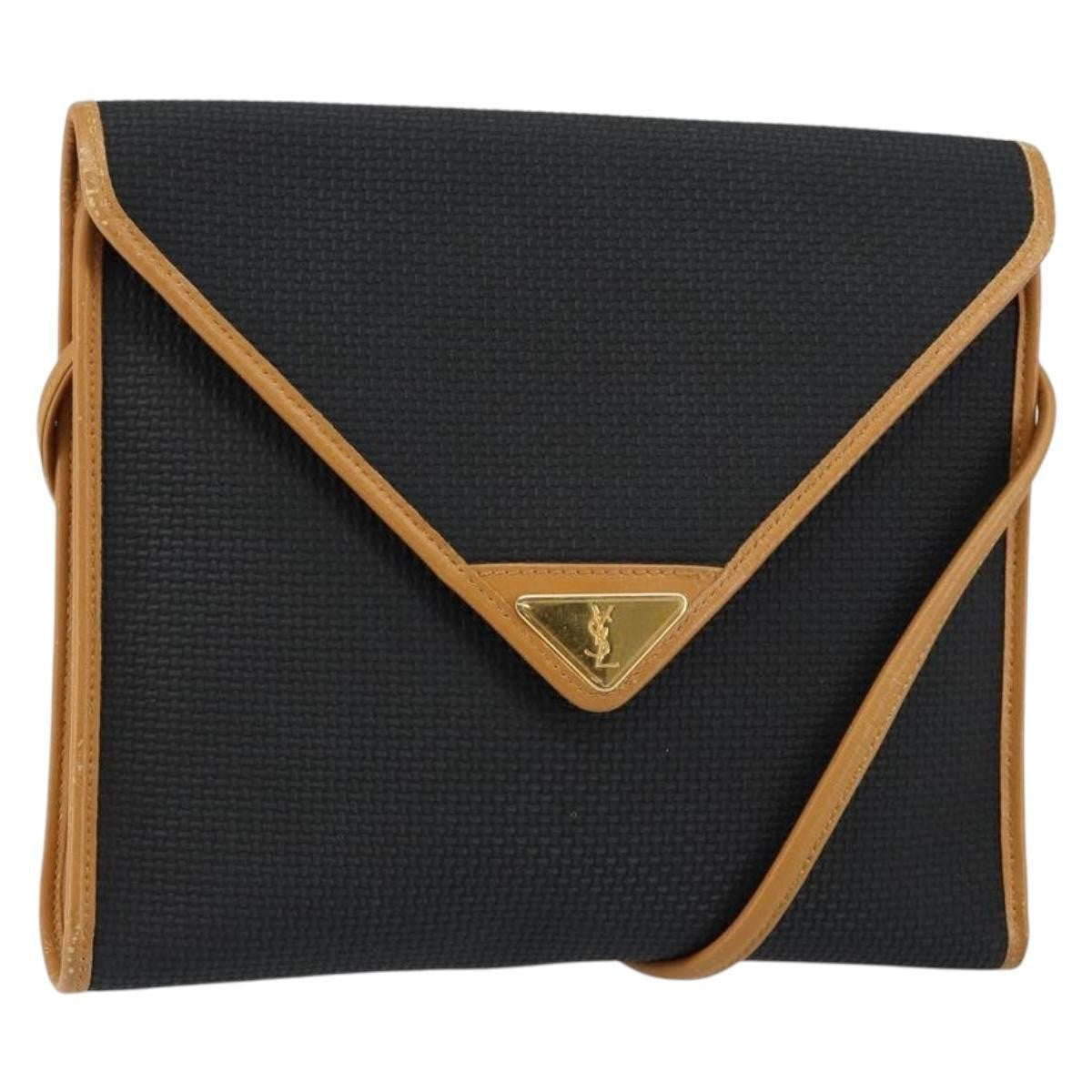 Saint Laurent Vintage Flap Crossbody Bag Coated Canvas with Leather, BLACK, PVC, Shoulder bag