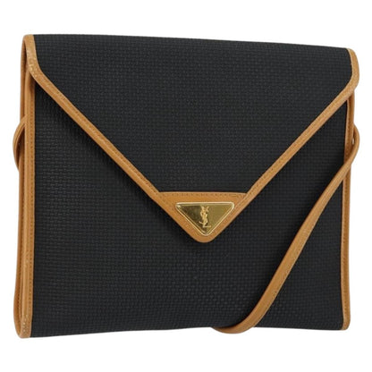 Saint Laurent Vintage Flap Crossbody Bag Coated Canvas with Leather, BLACK, PVC, Shoulder bag