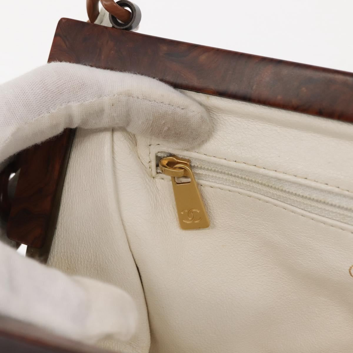 Chanel Wooden Frame Striped Shoulder Bag Leather, WHITE, LEATHER, Shoulder bag