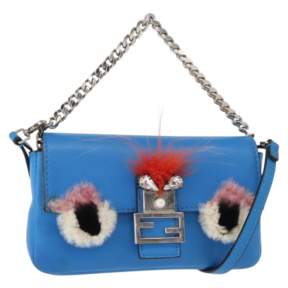 Fendi Monster Baguette Leather and Fur, BLUE, LEATHER, Handbag