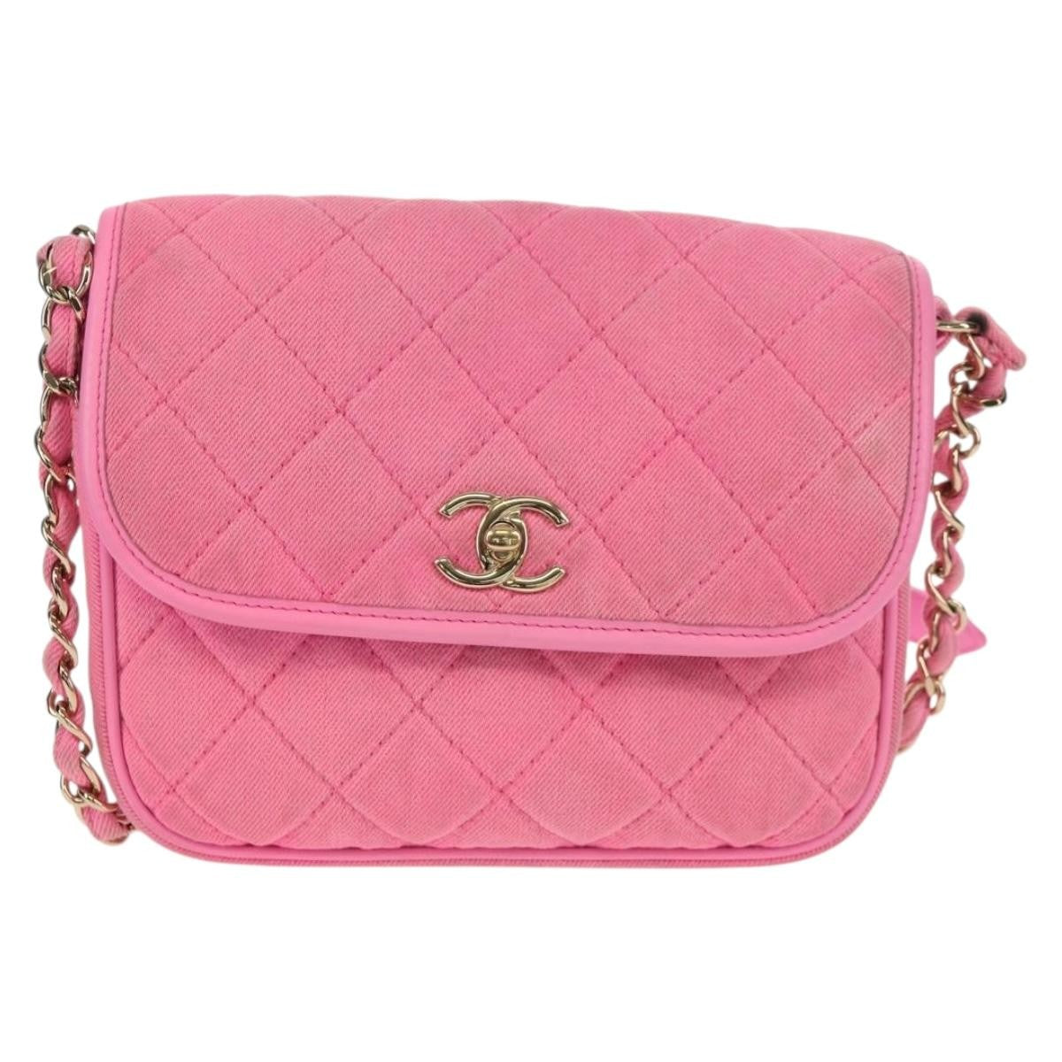 Chanel Flap Messenger Bag Quilted Denim, PINK, CANVAS, Shoulder bag