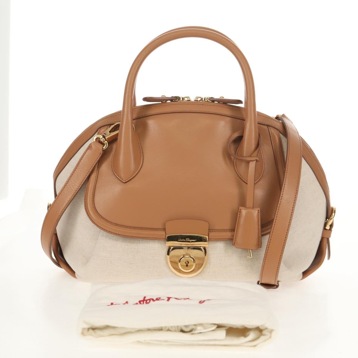 Salvatore Ferragamo Vintage Fiamma Satchel Canvas and Leather, BEIGE, CANVAS, Handbag