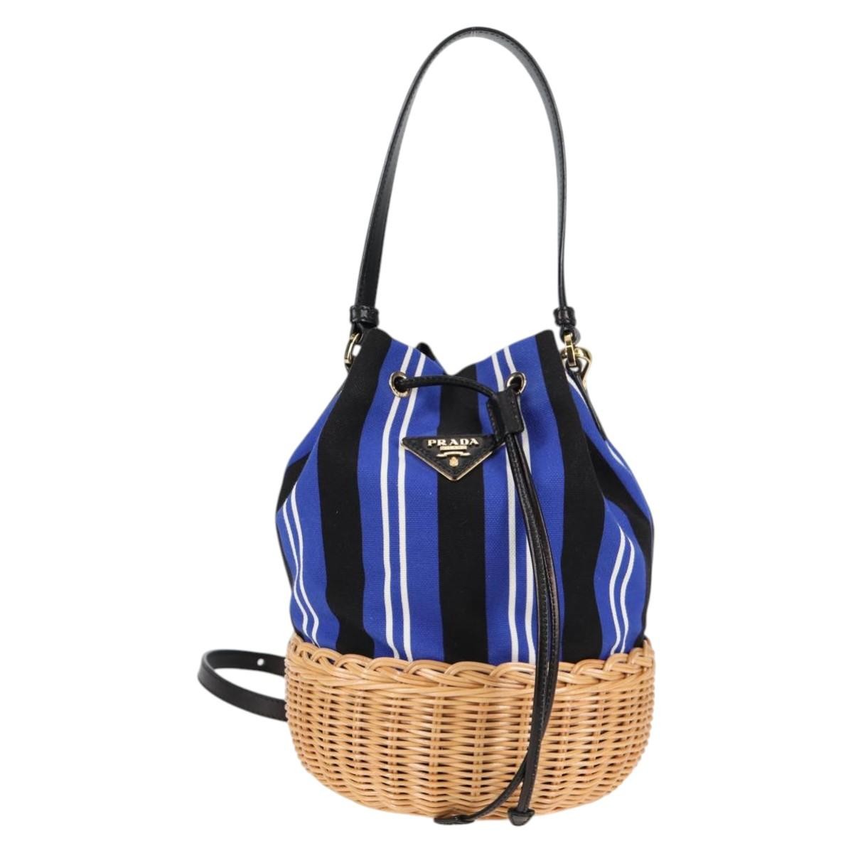 Prada Drawstring Bucket Bag Canvas and Wicker, BLUE, CANVAS, Handbag