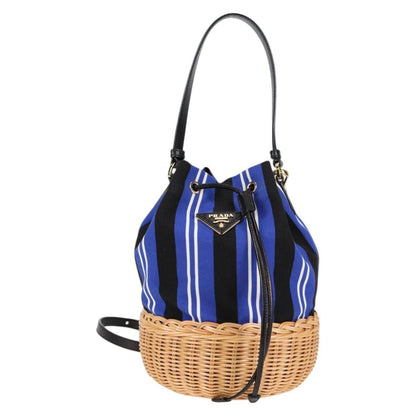 Prada Drawstring Bucket Bag Canvas and Wicker, BLUE, CANVAS, Handbag