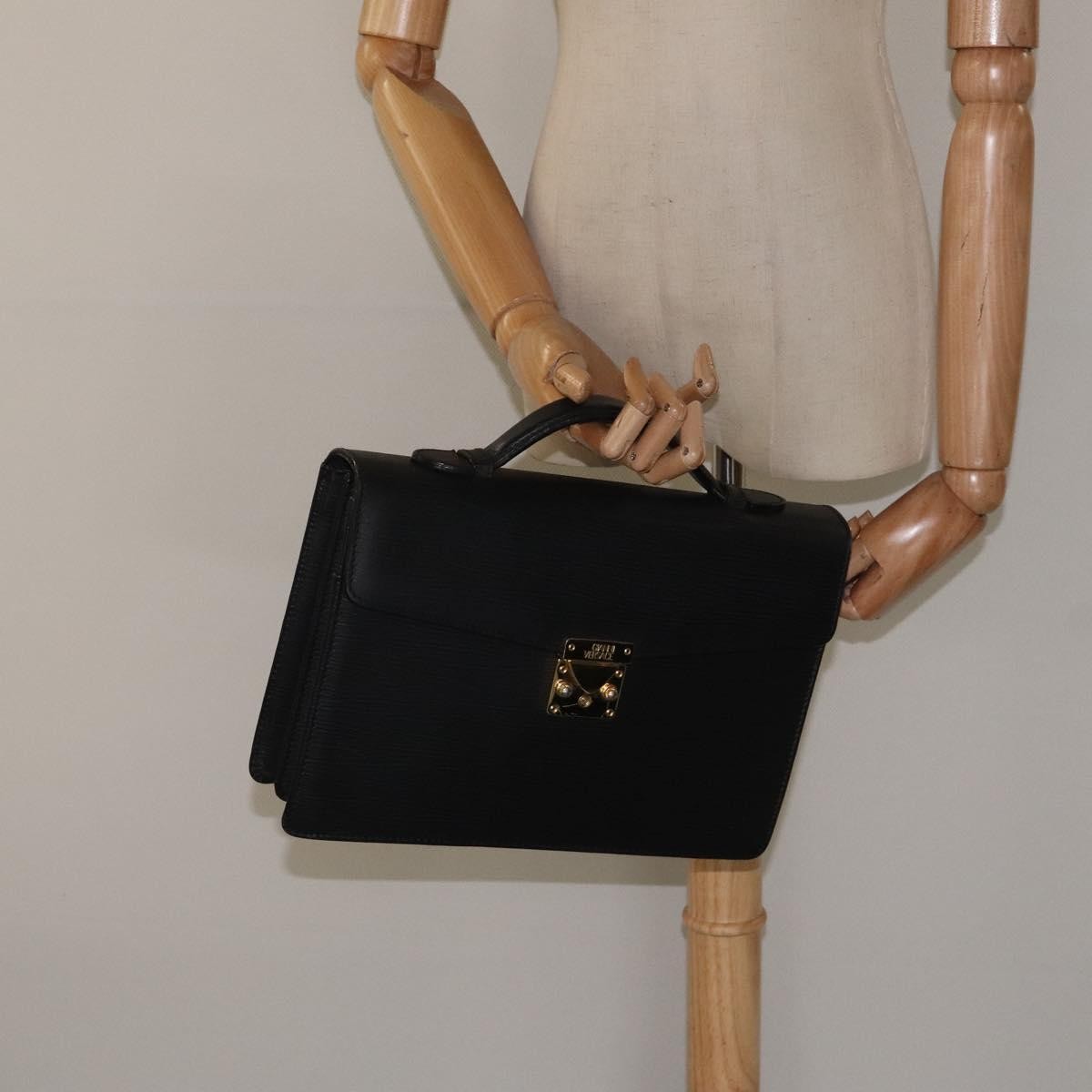 Versace Lock Flap Briefcase Leather, BLACK, LEATHER, Briefcase