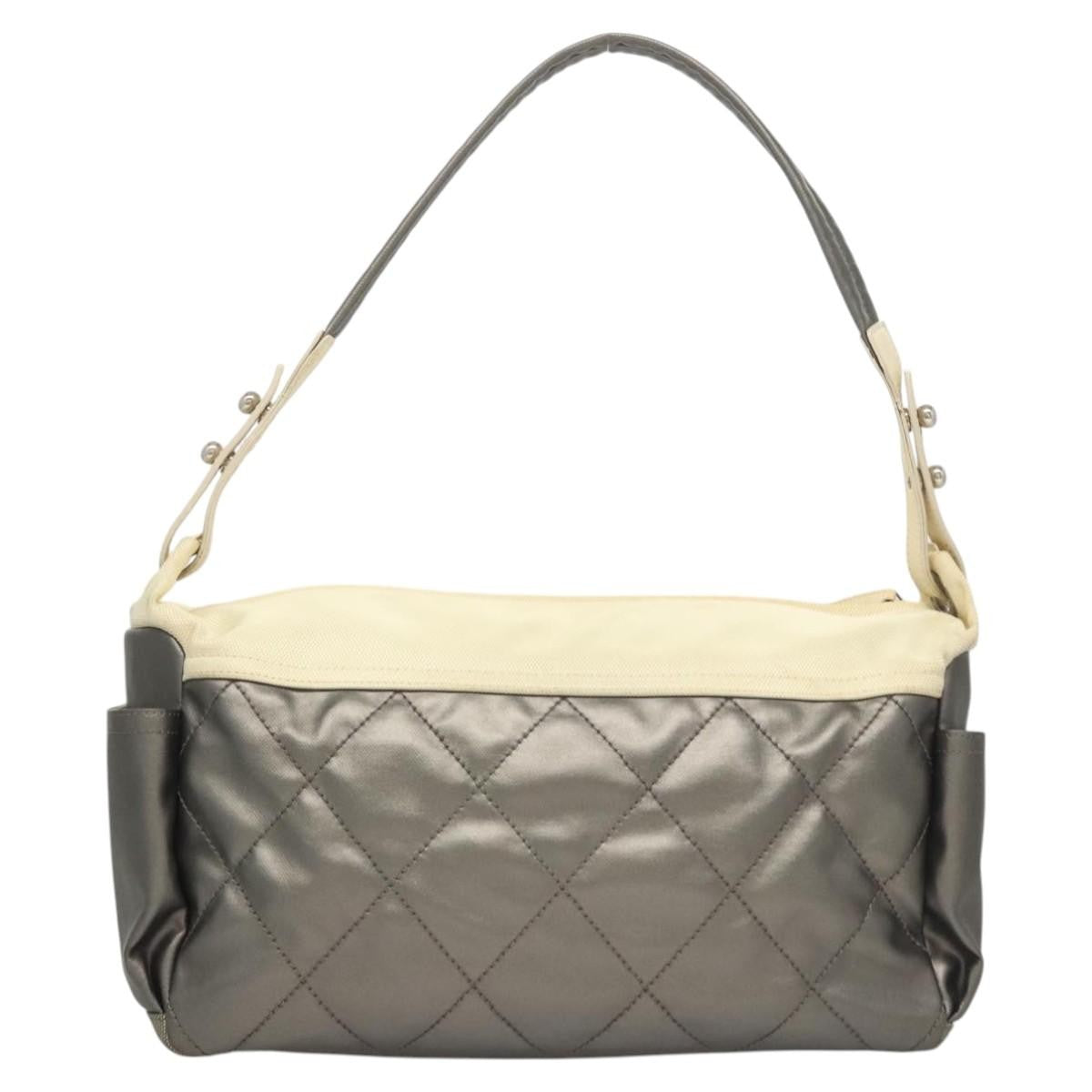 Chanel Biarritz Hobo Quilted Coated Canvas, SILVER, CANVAS, Shoulder bag