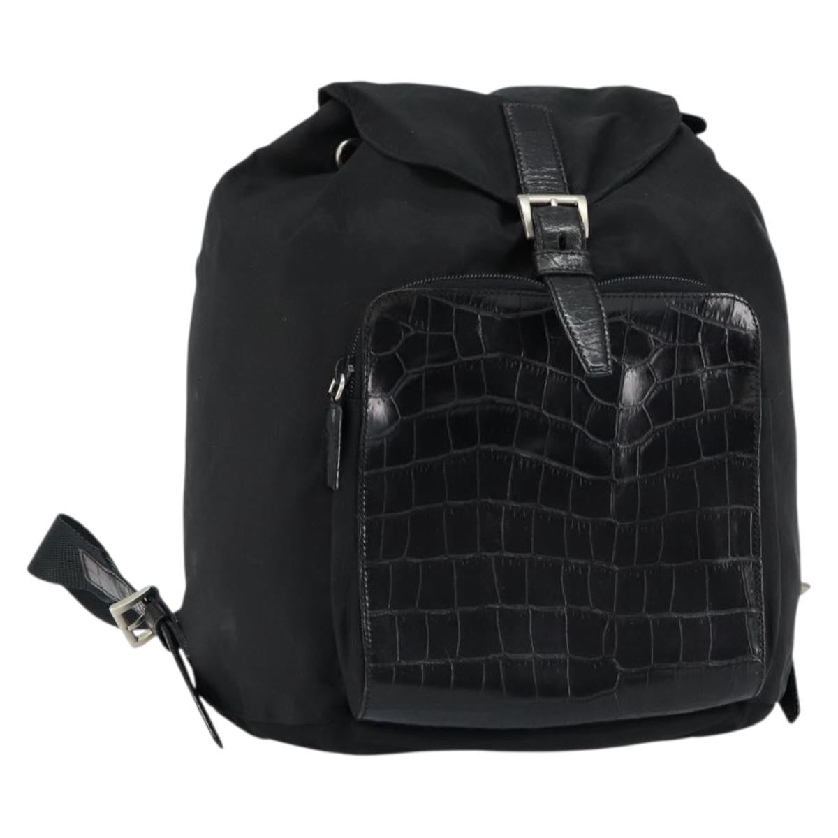 Prada Cinch Buckle Flap Backpack Tessuto with Crocodile Embossed Leather, BLACK, NYLON, Backpack