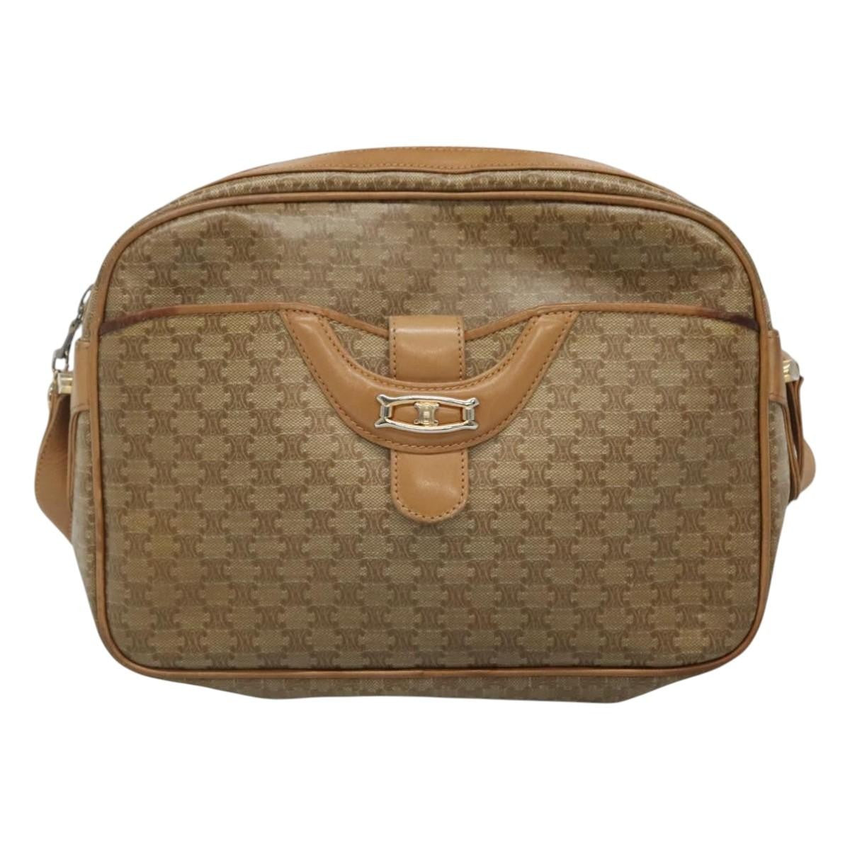 Celine Vintage Macadam Shoulder Bag Canvas and Leather, Beige, Canvas, Shoulder Bag