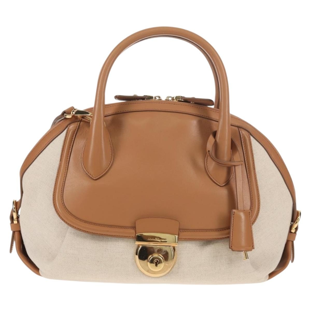 Salvatore Ferragamo Vintage Fiamma Satchel Canvas and Leather, BEIGE, CANVAS, Handbag