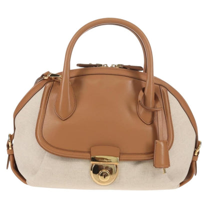 Salvatore Ferragamo Vintage Fiamma Satchel Canvas and Leather, BEIGE, CANVAS, Handbag