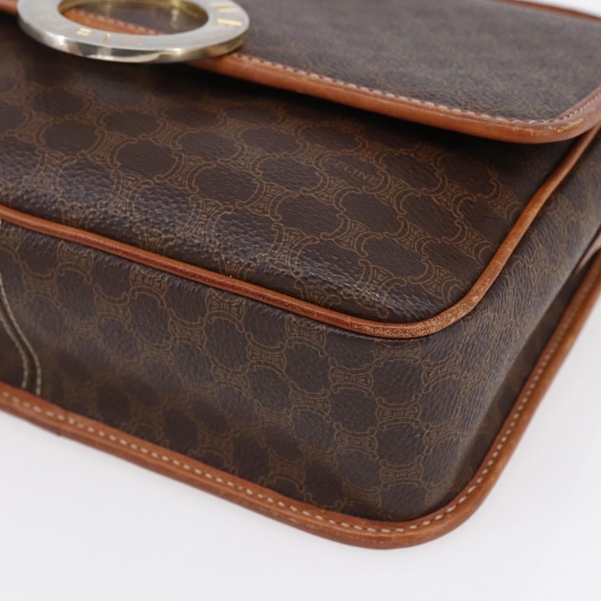 Celine Vintage Macadam Circle Logo Shoulder Bag Canvas and Leather, BROWN, CANVAS, Shoulder bag