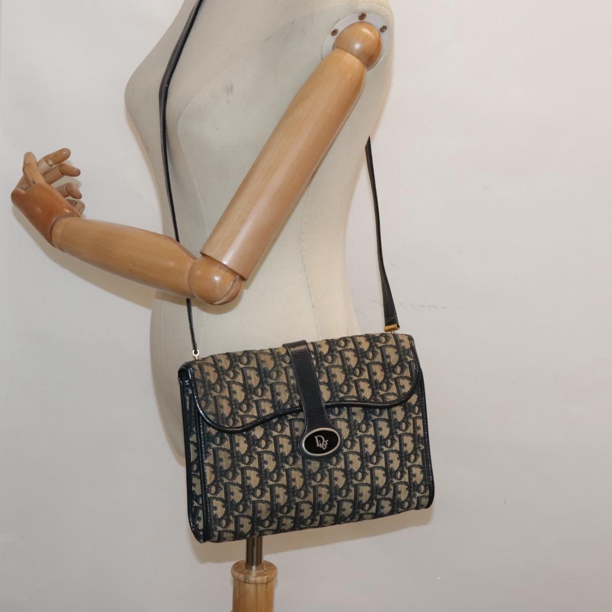 Christian Dior Vintage Flap Crossbody Bag Canvas, NAVY, CANVAS, Shoulder bag