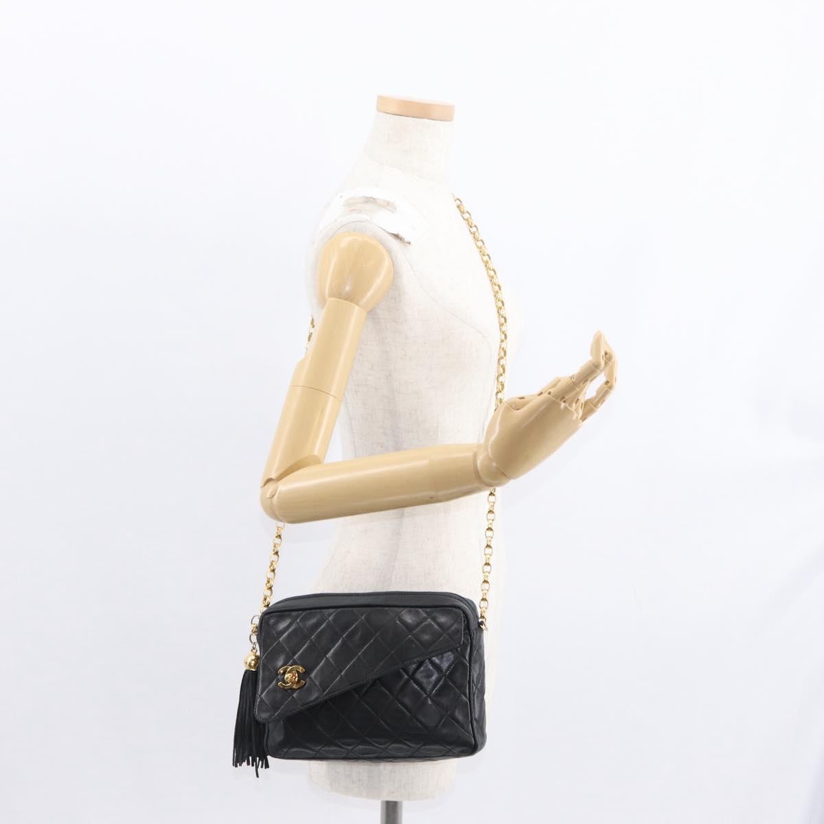 Chanel CC Chain & Tassel Front Pocket Camera Bag Quilted Lambskin, BLACK, LEATHER, Shoulder bag