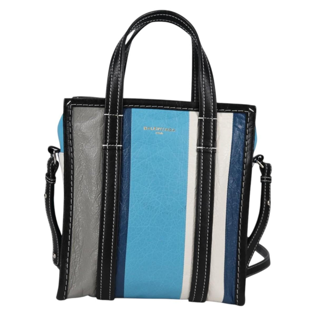 Balenciaga Bazar Convertible Tote Striped Leather, BLUE, LEATHER, Tote bag