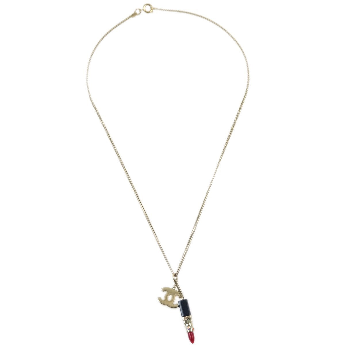Chanel CC Lipstick Charm Pendant Necklace Metal with Resin and Crystals, GOLD, METAL, Necklace