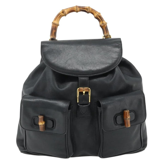 Gucci Vintage Bamboo Backpack Leather, Black, Leather, Backpack