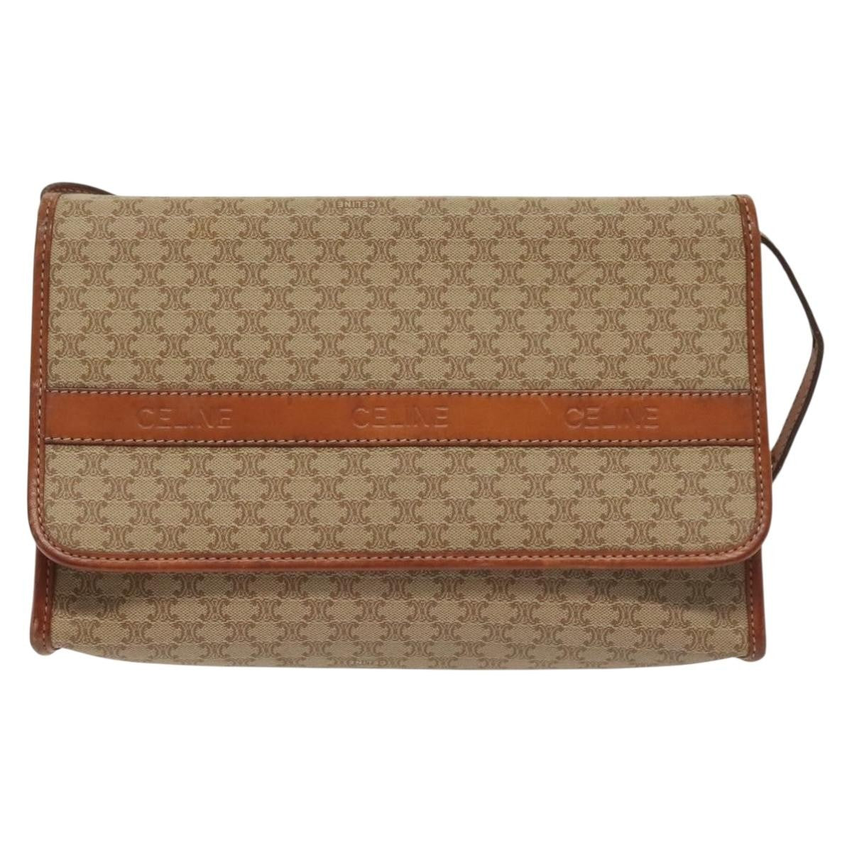 Celine Vintage Macadam Shoulder Bag Canvas and Leather, BEIGE, CANVAS, Shoulder bag