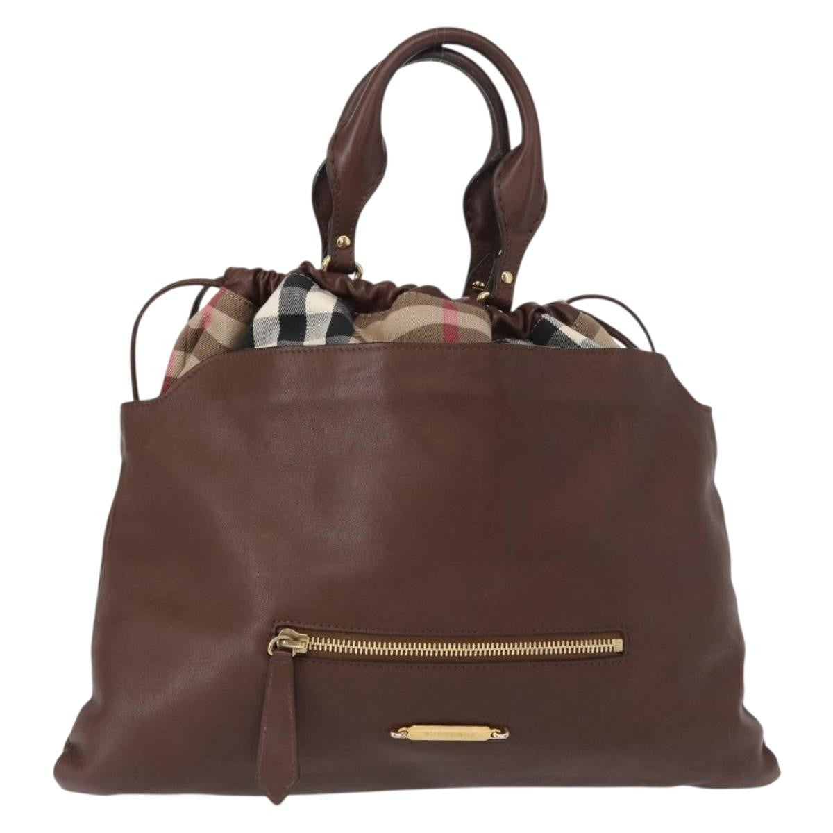 Burberry Big Crush Tote Leather and House Check Canvas, BROWN, LEATHER, Handbag