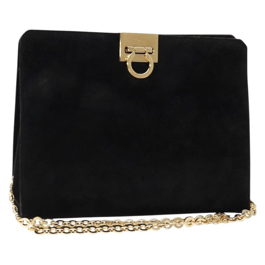 Salvatore Ferragamo Gancini Chain Shoulder Bag Suede, BLACK, SUEDE, Shoulder bag