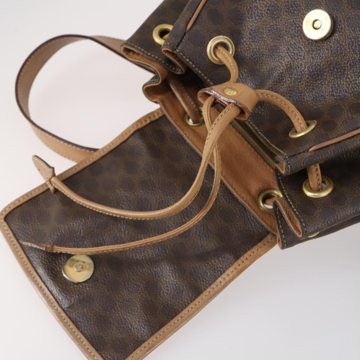 Celine Vintage Drawstring Flap Backpack Macadam Coated Canvas, BROWN, CANVAS, Backpack