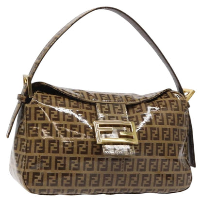 Fendi Vintage FF Buckle Curved Hobo Zucchino Coated Canvas, BROWN, PATENT_LEATHER, Handbag