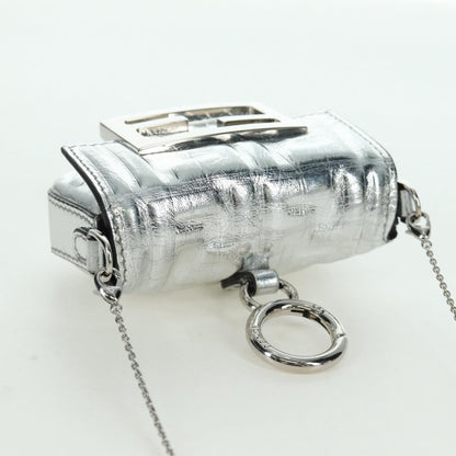 Fendi Chain Baguette Charm Bag Zucca Embossed Leather, SILVER, CANVAS, Clutche & pouche