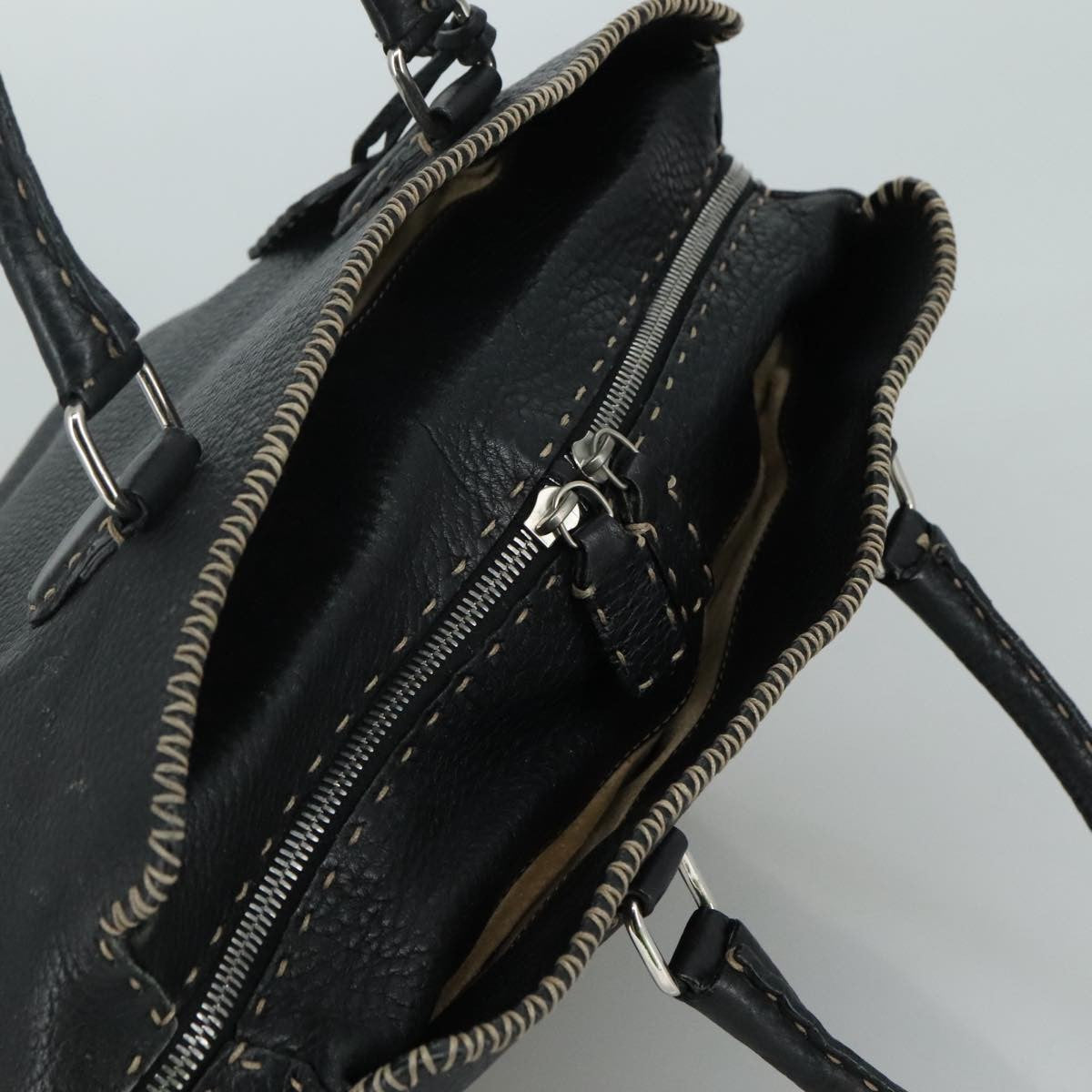 Fendi Selleria Handle Bag Embossed Leather, BLACK, LEATHER, Handbag