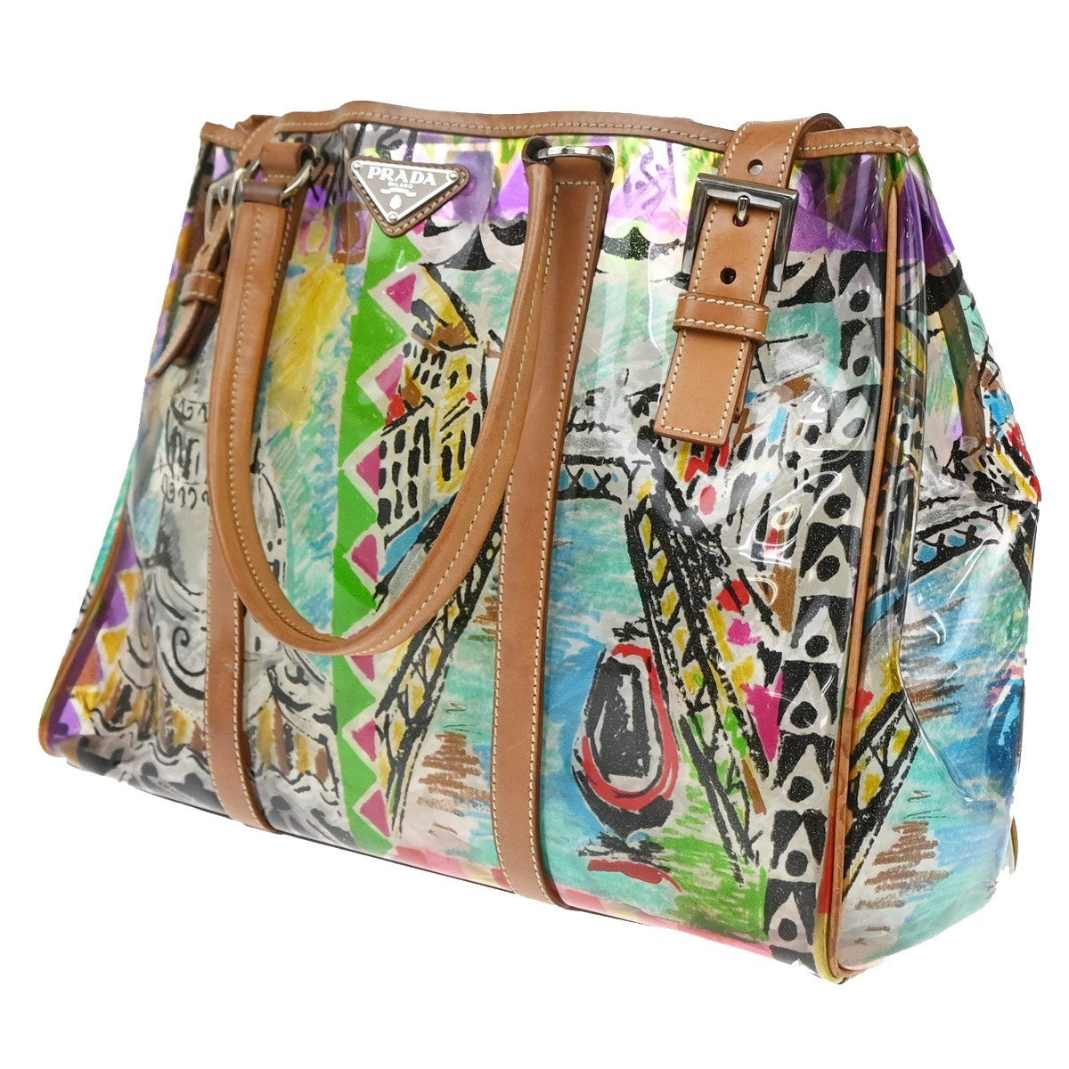 Prada Venice Belted Tote Printed Canvas and Leather, MULTICOLOUR, LEATHER, Tote bag