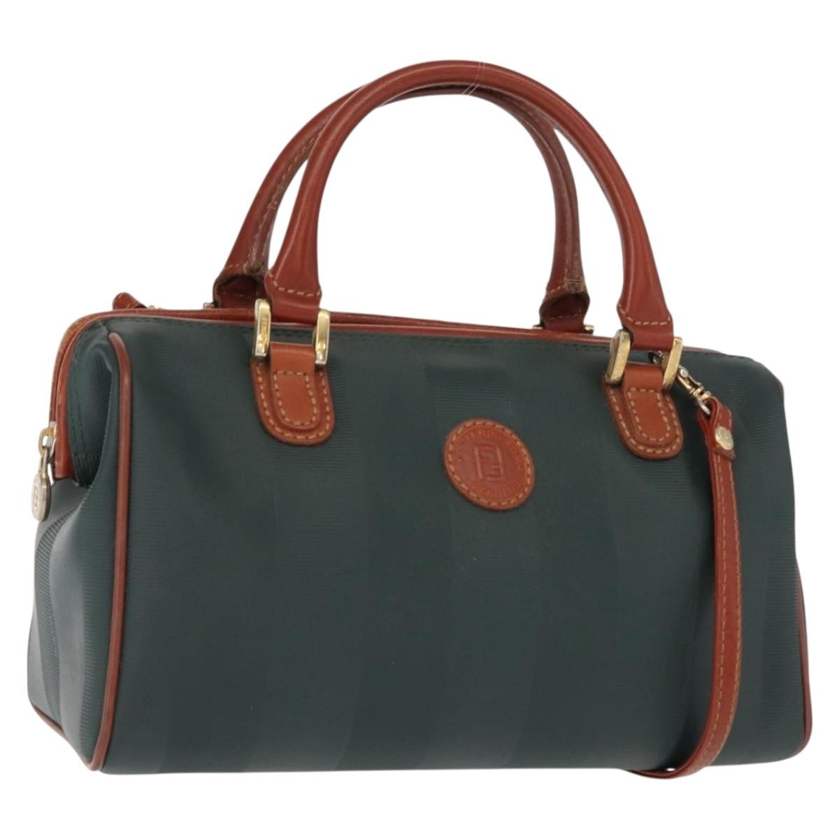 Fendi Vintage Pequin Convertible Boston Bag Coated Canvas, GREEN, CANVAS, Handbag