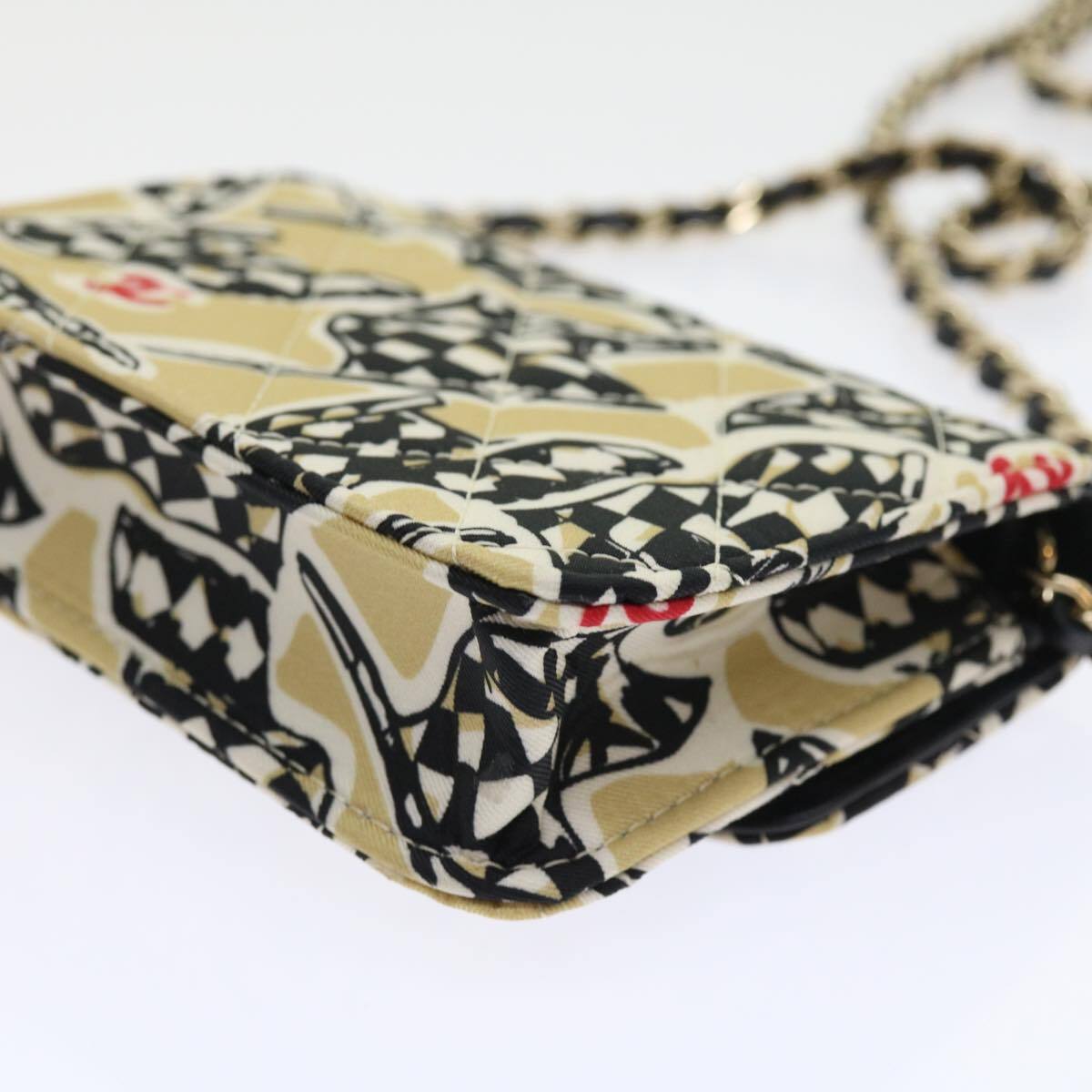 Chanel Flap Card Holder on Chain Quilted Printed Canvas, BEIGE, CANVAS, Shoulder bag