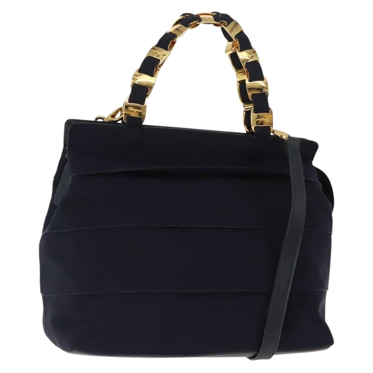 Salvatore Ferragamo Vala Handbag Canvas, NAVY, CANVAS, Handbag