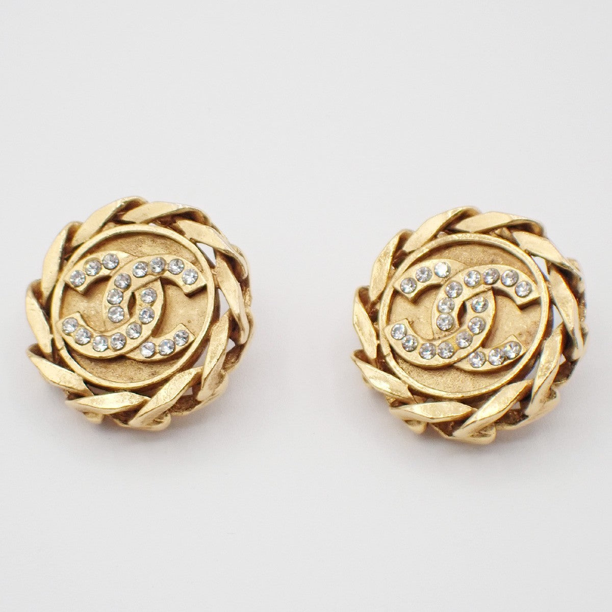Chanel Vintage CC Round Clip-On Earrings Metal with Crystals, Gold, Gold Plated, Earrings