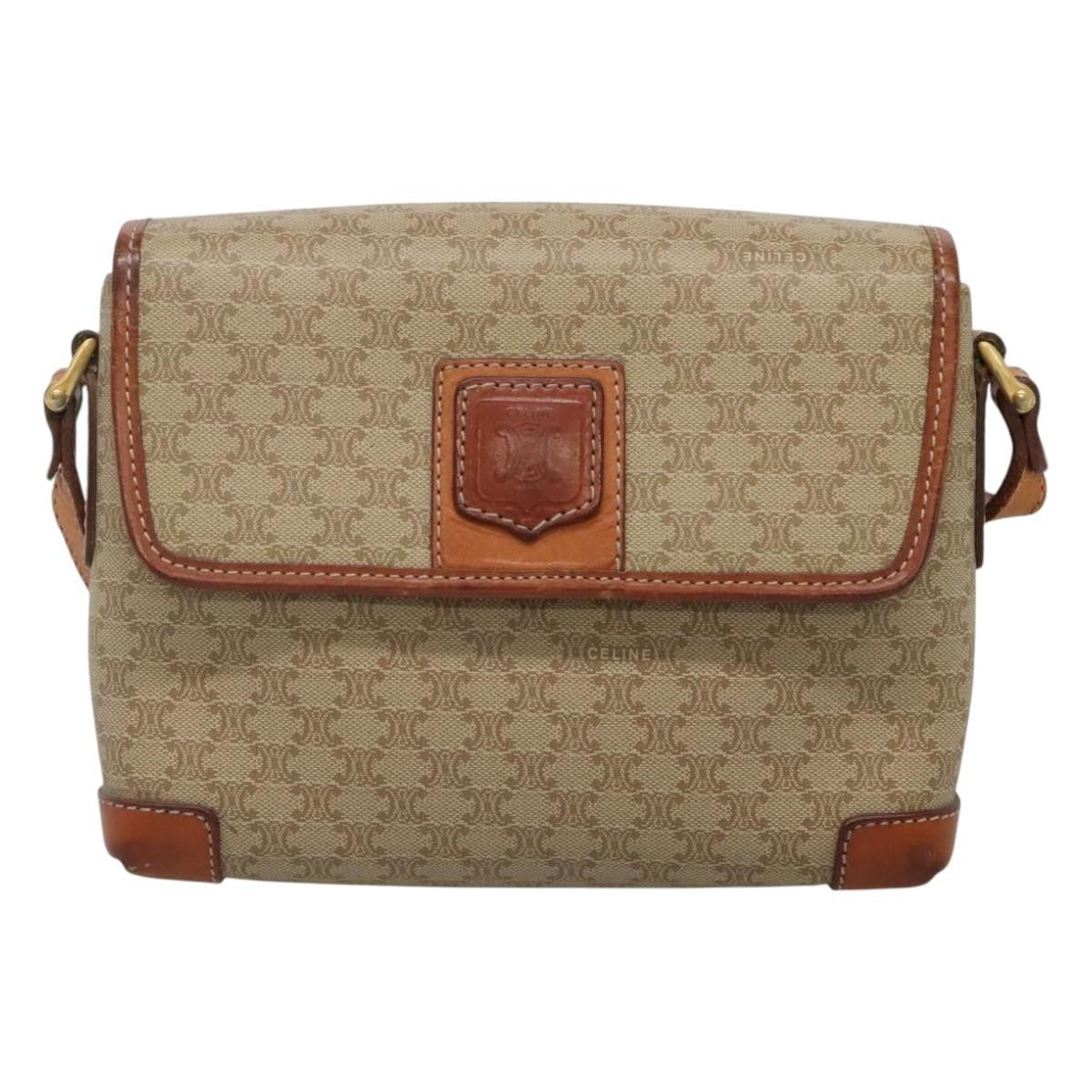 Celine Vintage Macadam Shoulder Bag Canvas and Leather, BEIGE, CANVAS, Shoulder bag