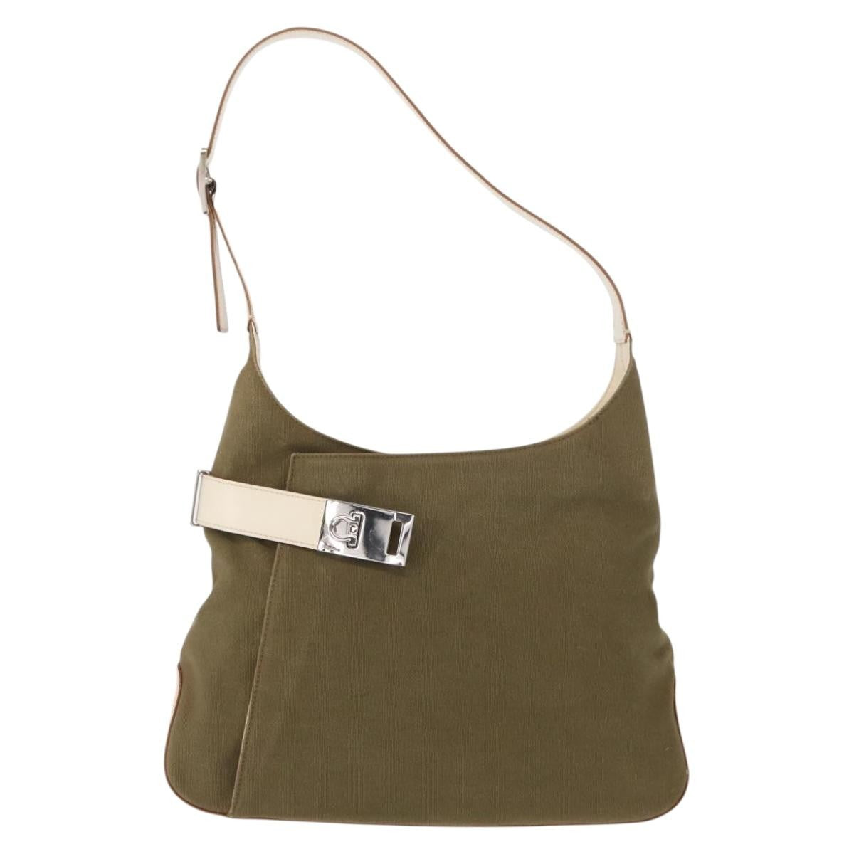 Salvatore Ferragamo Gancini Shoulder Bag Canvas, KHAKI, CANVAS, Shoulder bag