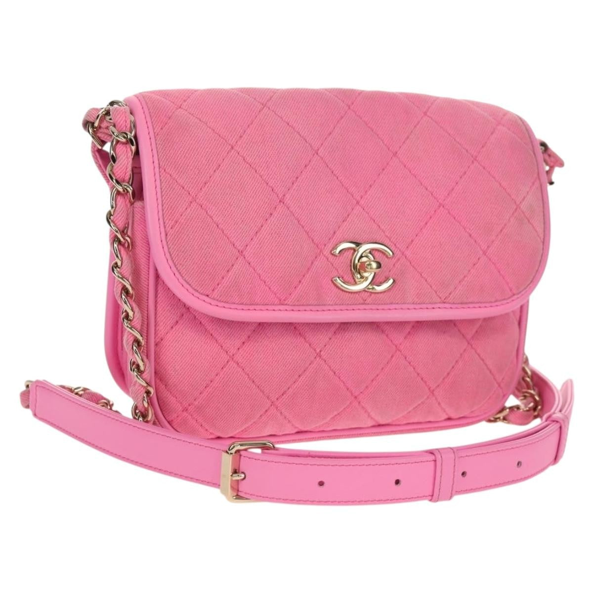 Chanel Flap Messenger Bag Quilted Denim, PINK, CANVAS, Shoulder bag