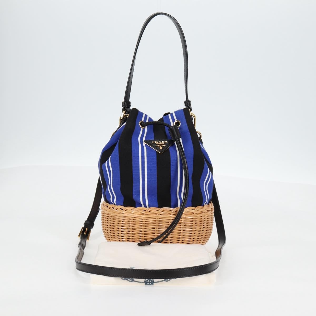 Prada Drawstring Bucket Bag Canvas and Wicker, BLUE, CANVAS, Handbag