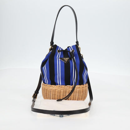 Prada Drawstring Bucket Bag Canvas and Wicker, BLUE, CANVAS, Handbag