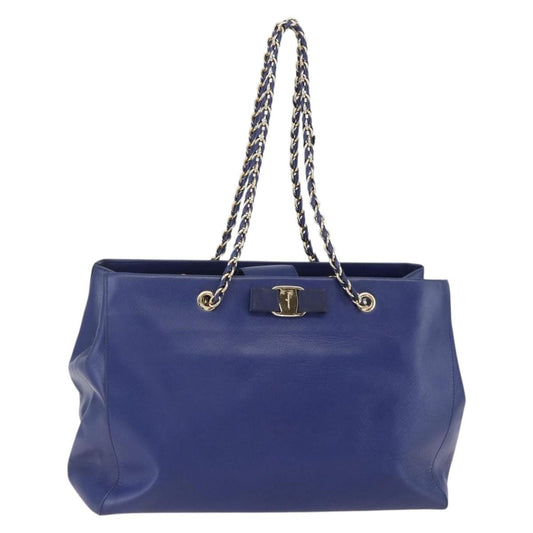 Salvatore Ferragamo Vara Bow Chain Tote Leather, BLUE, LEATHER, Tote bag