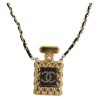 "Chanel CC Perfume Bottle Pendant Chain Long Necklace Metal with Leather, Crystals and Faux Pearl", GOLD, METAL, Necklace